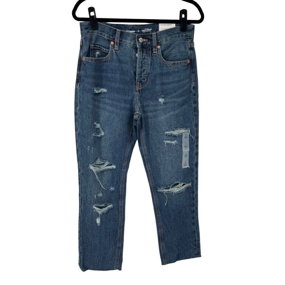 Old Navy High Rise Slouchy Straight Distressed Crop Button Fly Jeans Womens 2